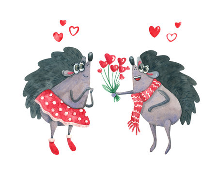 Valentine's Day greeting card with cute funny hedgehogs in love. Bouquet of hearts. Watercolor illustration on white background. Gray and bright red colors.の写真素材