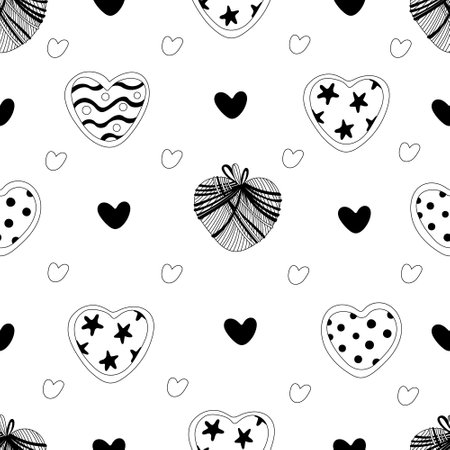 Seamless pattern with hearts decorated with stars, ribbons, polka dots. Valentine's day decor. Great for fabrics, wrapping papers, wallpapers, covers. Doodle style illustration black outline.のイラスト素材