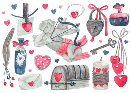 Watercolor set with Valentine's day decorations in retro style. Cupid, mail box, key and padlock, bottles of perfume. Cute illustrations for posters, greeting cards design in pink, red, indigo colors.の写真素材