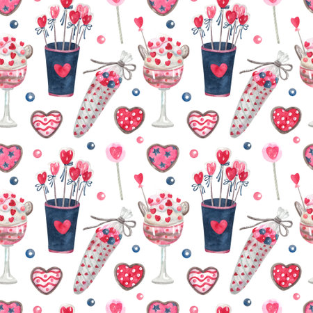 Watercolor seamless pattern with sweet food for Valentine's day or wedding. Dessert, candy and heart shaped cookie. Great for fabrics, wrapping papers, wallpapers, covers. Pink, red and indigo colors.の写真素材