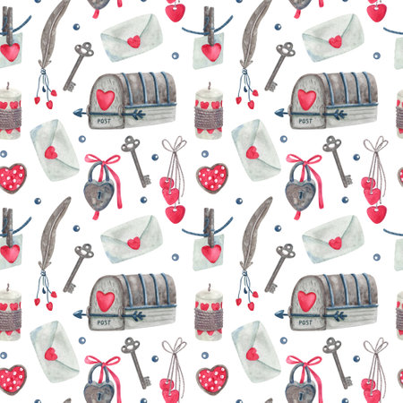Watercolor vintage seamless pattern with mailboxes, love letters, keys, padlocks for Valentine's day or wedding. Great for fabrics, wrapping papers, wallpapers, covers. Pink, red and indigo colors.の写真素材