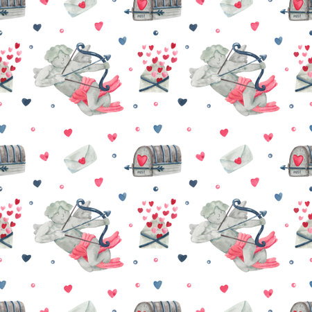 Watercolor vintage seamless pattern with cupids, mailboxes, love letters and hearts for Valentine's day or wedding. Great for fabrics, wrapping papers, wallpapers, covers. Pink, red and indigo colors.の写真素材