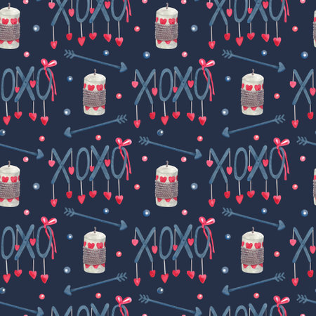 Watercolor seamless pattern with candles, arrows, XOXO lettering decorated with hearts for Valentine's day on dark. Great for fabrics, wrapping papers, wallpapers, covers. Pink, red and indigo colors.の写真素材