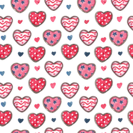 Watercolor seamless pattern with heart shaped cookies or biscuits with patterns for Valentine's day, wedding on white. Great for fabrics, wrapping papers, wallpapers, covers. Pink, red, indigo colors.の写真素材