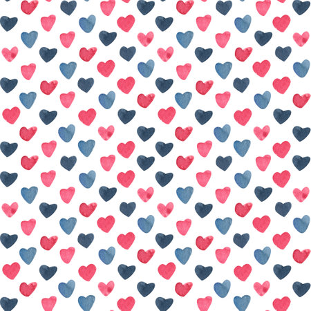 Watercolor seamless pattern with pink and indigo hearts on white background. Great for fabrics, wrapping papers, wallpapers, covers. Hand painted illustration for Valentine's day.の写真素材