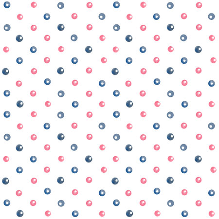 Watercolor seamless pattern with pearls or polka dots on white background. Great for fabrics, wrapping papers, wallpapers, covers. Hand painted illustration. Pink and indigo colors.の写真素材