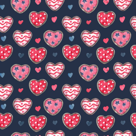 Watercolor seamless pattern with heart shaped cookies or biscuits with patterns for Valentine's day, wedding on dark. Pink, red, indigo colors.の写真素材