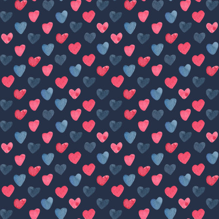 Watercolor seamless pattern with pink and indigo hearts on dark background.  Hand painted illustration for Valentine's day.の写真素材