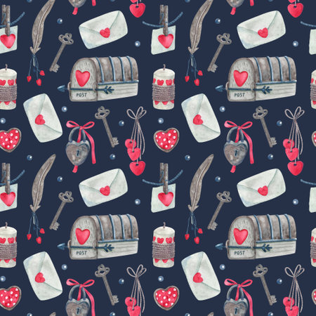 Watercolor vintage seamless pattern with mailboxes, love letters, keys, padlocks for Valentine's day on dark. Great for fabrics, wrapping papers, wallpapers, covers. Pink, red and indigo colors.の写真素材