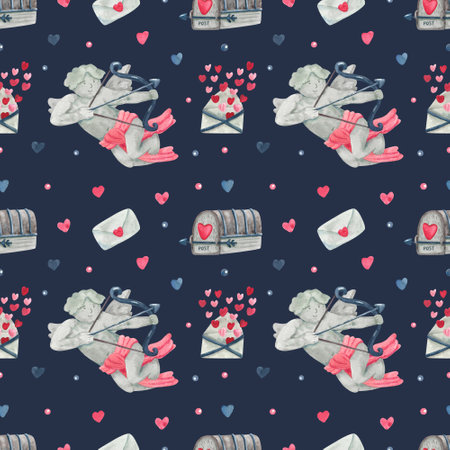 Watercolor vintage seamless pattern with cupids, mailboxes, love letters and hearts for Valentine's day on dark. Great for fabrics, wrapping papers, wallpapers, covers. Pink, red and indigo colors.の写真素材