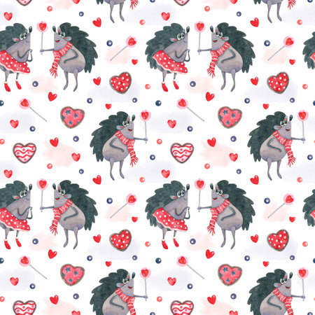 Watercolor seamless pattern with cheerful hedgehogs, hearts, lollipops, candy for Valentine's day, birthday on white. Great for fabrics, wrapping papers, covers. Pink, red, colors.の写真素材