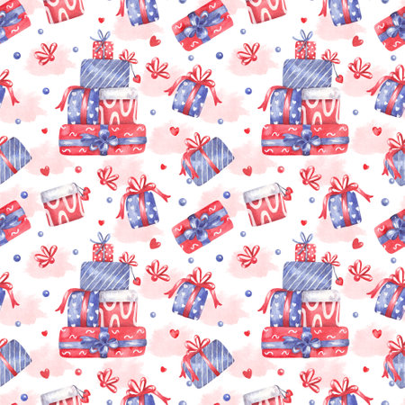 Watercolor seamless pattern with piles of gift boxes decorated with bow ribbons for Valentine's day, birthday on white. Great for fabrics, wrapping papers, covers. Pink, red, blue colors.の写真素材