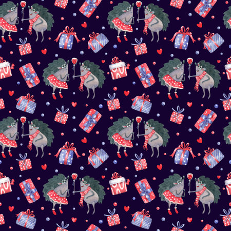 Watercolor seamless pattern with cheerful hedgehogs and gift boxes decorated with bow ribbons for Valentine's day, birthday on dark. Great for fabrics, wrapping papers, covers. Pink, red, blue colors.の写真素材