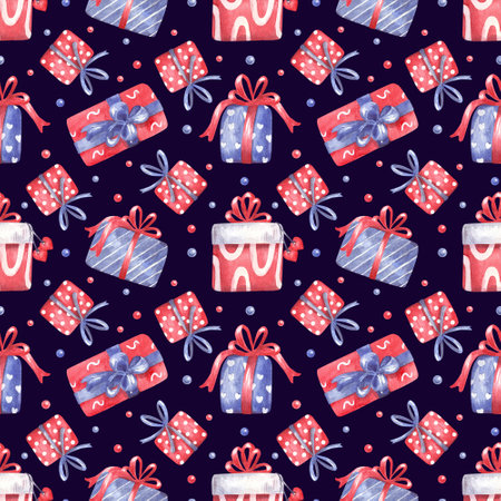 Watercolor seamless pattern with gift boxes decorated with bow ribbons for Valentine's day, birthday, Xmas on dark. Great for fabrics, wrapping papers, covers. Pink, red, blue colors.の写真素材