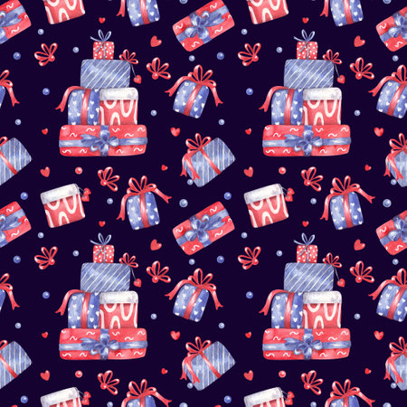 Watercolor seamless pattern with piles of gift boxes decorated with bow ribbons for Valentine's day, birthday on dark. Great for fabrics, wrapping papers, covers. Pink, red, blue colors.の写真素材