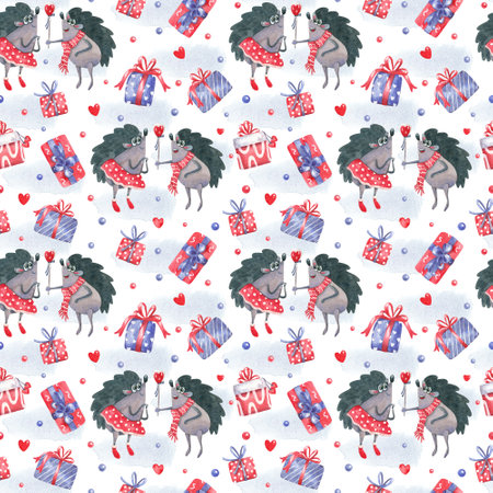 Watercolor seamless pattern with cheerful hedgehogs and gift boxes decorated with bow ribbons for Valentine's day, birthday on white. Great for fabrics, wrapping papers, covers. Pink, red, blue colorsの写真素材