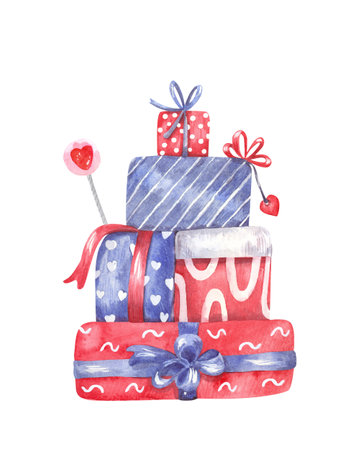 Watercolor illustration of a pile of gift boxes decorated with bow ribbons, lollipop. Great for design of birthday, valentines, xmas greeting cards. Cartoon style. Bright red and blue colors on white.の写真素材