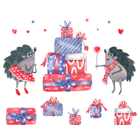 Watercolor set with cute hedgehogs and gift boxes. Great for design of greeting cards for birthday, Valentine's Day, Christmas. Funny happy animal characters.の写真素材
