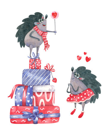 Watercolor illustration of a cheerful hedgehog with heart shaped lollipop on top of pile of gift boxes. Great for birthday, valentines, xmas greeting cards. Cute animal character in cartoon style.の写真素材