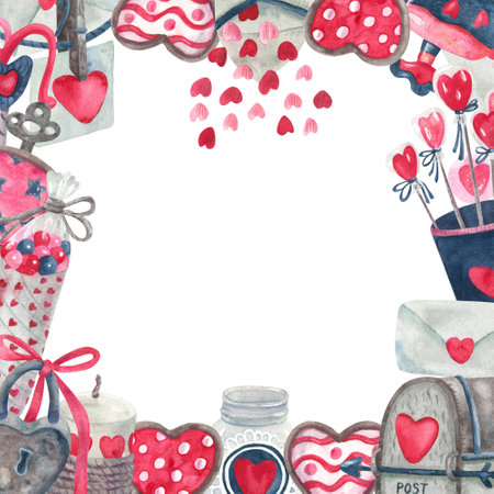 Watercolor frame with Valentine's day decoration in vintage hand painted style. Social media square format. Illustration isolated on white background. Sweets, hearts and love letters.の写真素材