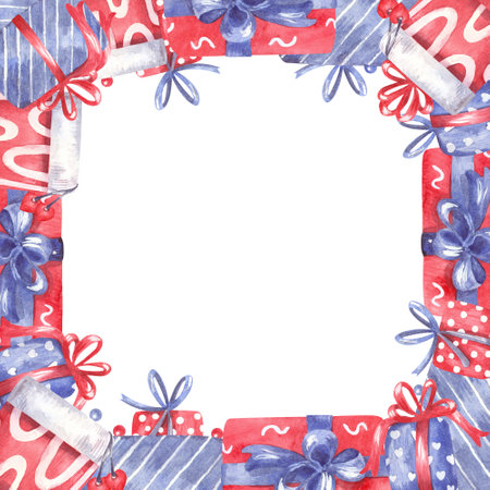 Watercolor frame with gift boxes decorated with bows and ribbons. Social media square format. Hand painted illustration isolated on white background. Christmas and Birthday presents.の写真素材