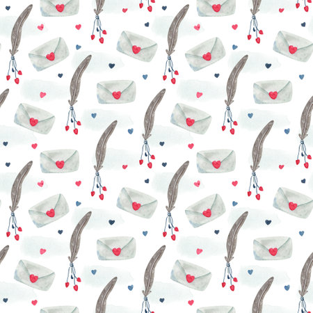 Watercolor vintage seamless pattern with love letters, feathers or quills for Valentine's day on white. Great for fabrics, wrapping papers, wallpapers, covers. Pink, red and gray colors.の写真素材