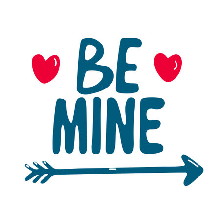 Be mine. Lettering decorated with hearts and an arrow. Valentine's day decor. Vector illustration of phrase for design of posters, greeting cards isolated on white. Hand drawn flat style.のイラスト素材