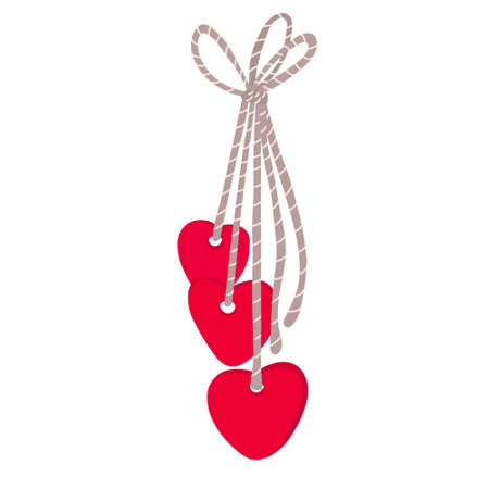 Cute hearts hanging on a twine rope. Valentine's day decoration. Vector illustration for posters and greeting cards design isolated on white. Hand drawn flat style.のイラスト素材