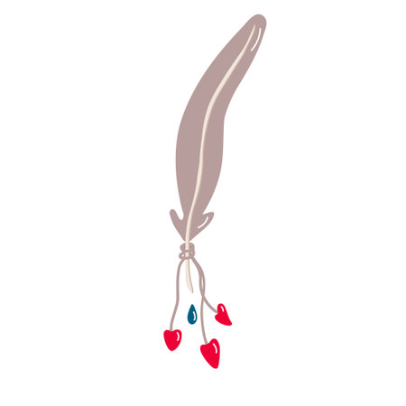 Feather or quill for love messages decorated with hearts. Valentine's day decoration. Vector illustration for posters and greeting cards design isolated on white. Hand drawn flat style.のイラスト素材