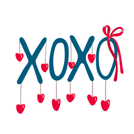 XOXO lettering or phrase decorated with hearts and ribbon bow. Valentine's day decoration. Vector illustration for posters and greeting cards design isolated on white. Hand drawn flat style.のイラスト素材