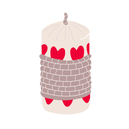 Cute hand drawn candle decorated with hearts and twine rope. Valentine's day decoration. Vector illustration for posters and greeting cards design isolated on white. Hand drawn flat style.のイラスト素材
