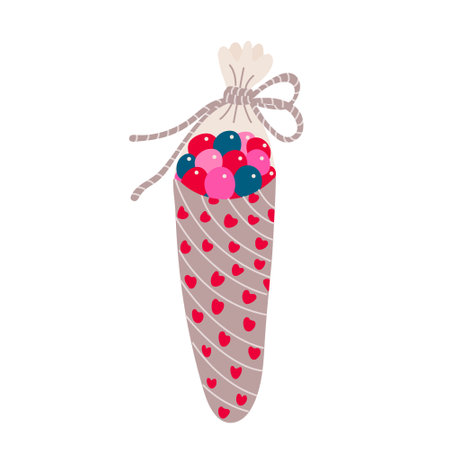 Cone bag with sweets decorated with hearts and twine rope. Valentine's day decoration. Vector illustration for posters and greeting cards design isolated on white. Hand drawn flat style.のイラスト素材