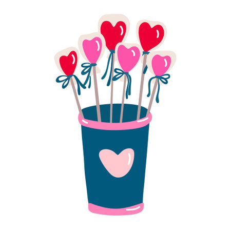Heart shaped lollipop candies sticking out of a cup decorated with a heart. Valentine's day decor. Vector illustration for posters and greeting cards design isolated on white. Hand drawn flat style.のイラスト素材