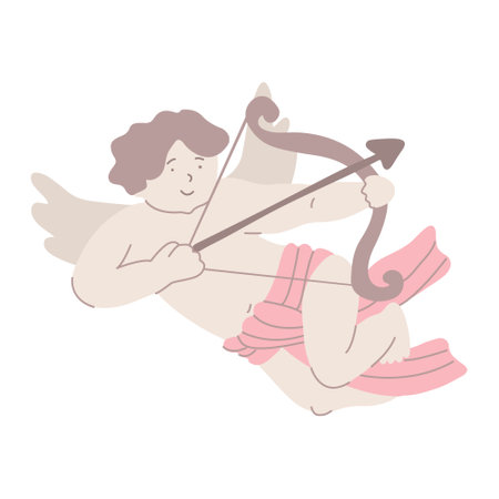 Cute cupid with a bow and and an arrow. Valentine's day design element. Vector illustration for posters and greeting cards isolated on white. Little angel of love. Hand drawn flat style.のイラスト素材