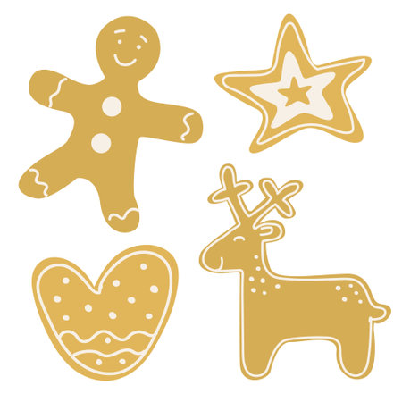Christmas cookie set with gingerbread Man, star, heart and deer. Hand drawn vector illustration. Great for Xmas, New year design, greeting cards. Cute biscuits.のイラスト素材