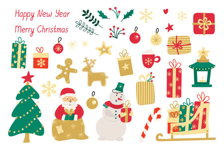 Set with Christmas presents, gingerbread, drinks, gift boxes, snowman, Santa and fir-tree. Hand drawn vector illustration and lettering isolated on white. Great for Xmas card and poster design.のイラスト素材
