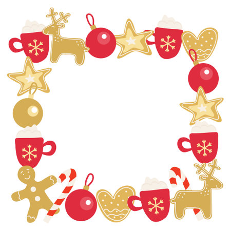 Square frame with Christmas balls, gingerbread, mugs of coffee with whipped cream. Hand drawn vector illustration. Great for Xmas, New year design. Red and yellow.のイラスト素材