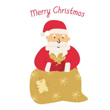Greeting card with cute Santa and a bag of gifts in flat cartoon style. Merry Christmas hand drawn lettering. Vector illustration isolated on white background.のイラスト素材