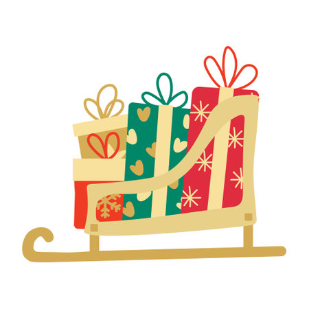 Christmas Santa's sleigh with gift boxes decorated with snowflakes, hearts, strips and bows. Vector hand drawn flat illustration. Green, red and yellow colors. Great for New year, Xmas cards.のイラスト素材