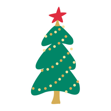 Nice Christmas tree decorated with garlands and a red big star on top. Vector hand drawn flat illustration isolated on white background. Perfect for Christmas and New year greeting cards.のイラスト素材