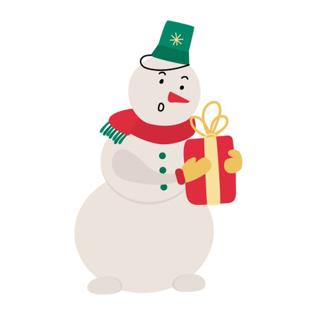 A cute funny surprised snowman and a gift box in flat cartoon style. Vector hand drawn illustration isolated on white background. Great for New year, Xmas card and poster design.のイラスト素材