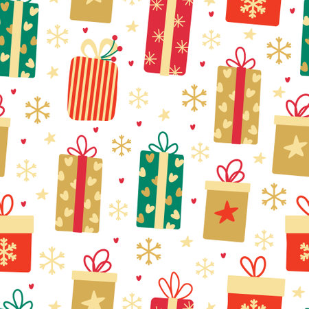 Xmas vector seamless pattern with colorful gift boxes decorated with hearts, stars, ribbon bows on white background. Great for fabrics, wrapping papers, covers. Hand drawn flat illustration.のイラスト素材