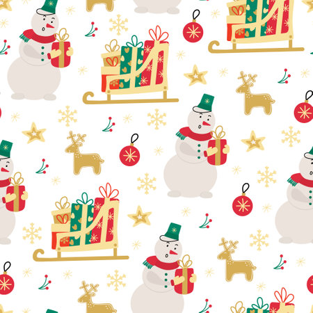 Xmas vector seamless pattern with snowman, Santa's sleigh with gifts, Christmas balls, deer, snowflakes on white background. Great for fabrics, wrapping papers, covers. Hand drawn flat illustration.のイラスト素材