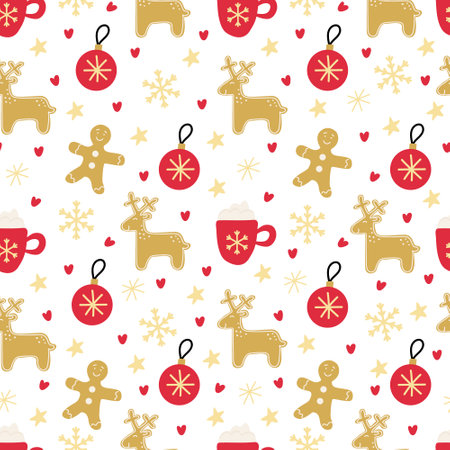 Vector seamless pattern with Xmas gingerbread, Christmas balls and snowflakes on white background. Great for fabrics, wrapping papers, covers. Hand drawn flat illustration.のイラスト素材