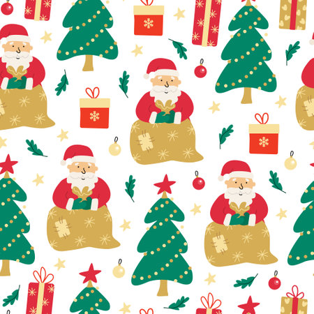 Xmas vector seamless pattern with Santa with bag, gift boxes and Christmas trees on white background. Great for fabrics, wrapping papers, covers. Hand drawn flat illustration.のイラスト素材