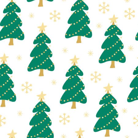 Vector hand drawn seamless pattern with snowflakes and Christmas trees decorated with big golden stars and garlands on white. Yellow and green colors. Great for fabrics, wrapping papers. Xmas designのイラスト素材