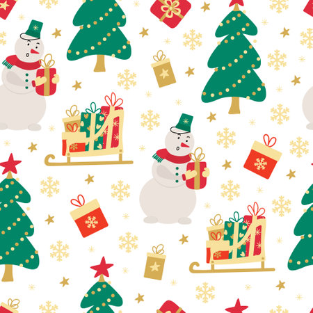 Xmas vector seamless pattern with snowman, snowflakes, Santa's sleigh, gift boxes and Christmas trees on white background. Great for fabrics, wrapping papers, covers. Hand drawn flat illustration.のイラスト素材