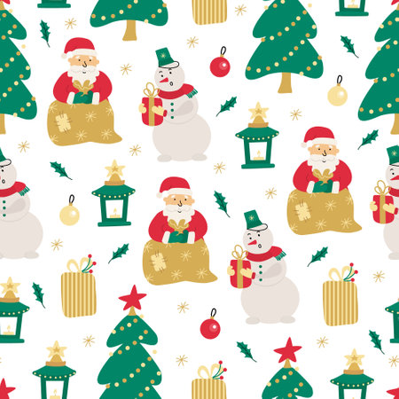 Xmas vector seamless pattern with Santa with bag, snowman, gift boxes, lanterns and Christmas trees on white background. Great for fabrics, wrapping papers, covers. Hand drawn flat illustration.のイラスト素材