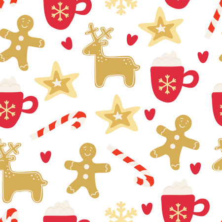 Vector seamless pattern with Xmas gingerbread, mug of cappuccino, candy cane on white background. Bright Christmas textile. Great for fabrics, wrapping papers, covers. Hand drawn flat illustration.のイラスト素材