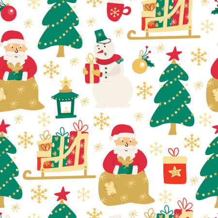 Xmas vector seamless pattern with Santa, snowmen, sleds with gift boxes and Christmas trees on white background. Great for fabrics, wrapping papers, covers. Hand drawn flat illustration.のイラスト素材